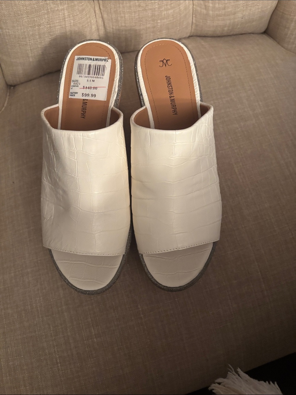 Johnston & Murphy White Croc-Embossed Cork Wedge Mules